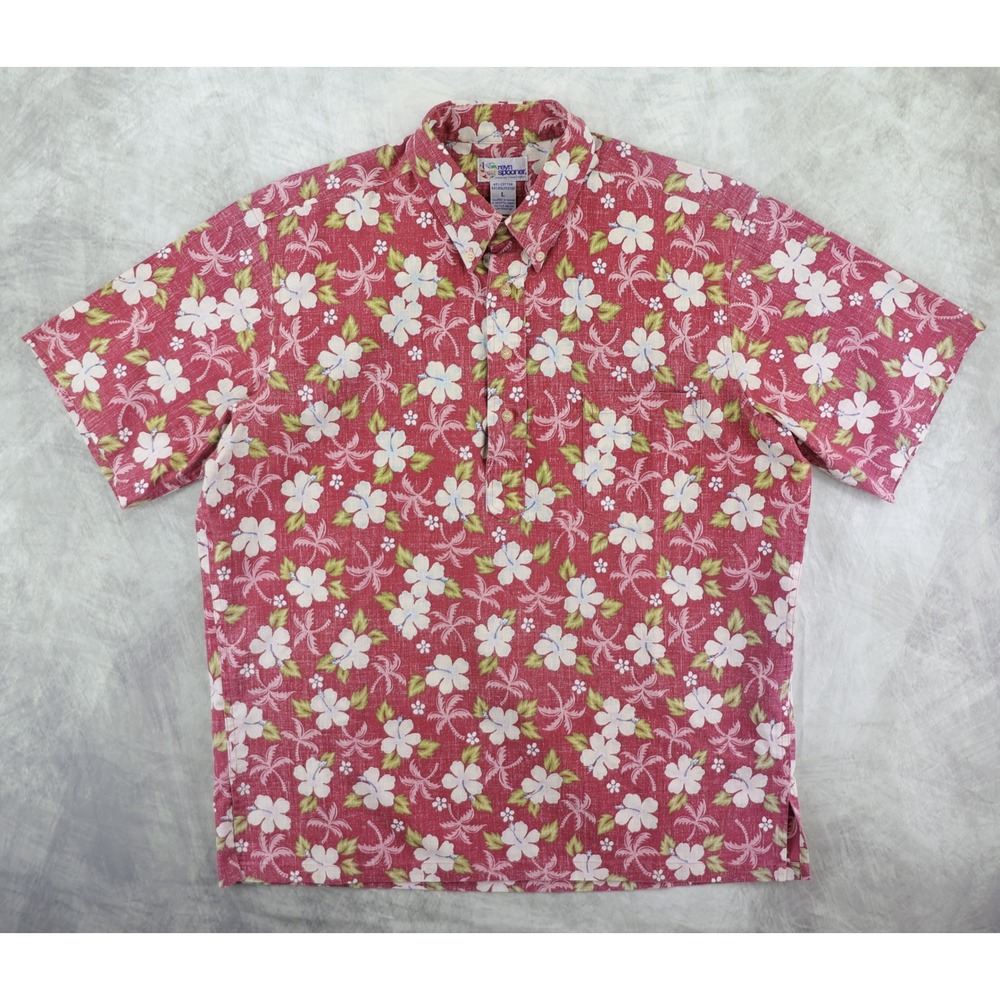 Reyn Spooner Popover Hawaiian Shirt Mens Large Red Hibiscus Floral Button Down